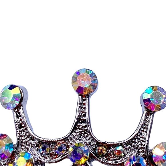 Vintage Style Princess Crown Brooch Pin Aurora Borealis Rhinestones Silver Tone - Picture 3 of 7